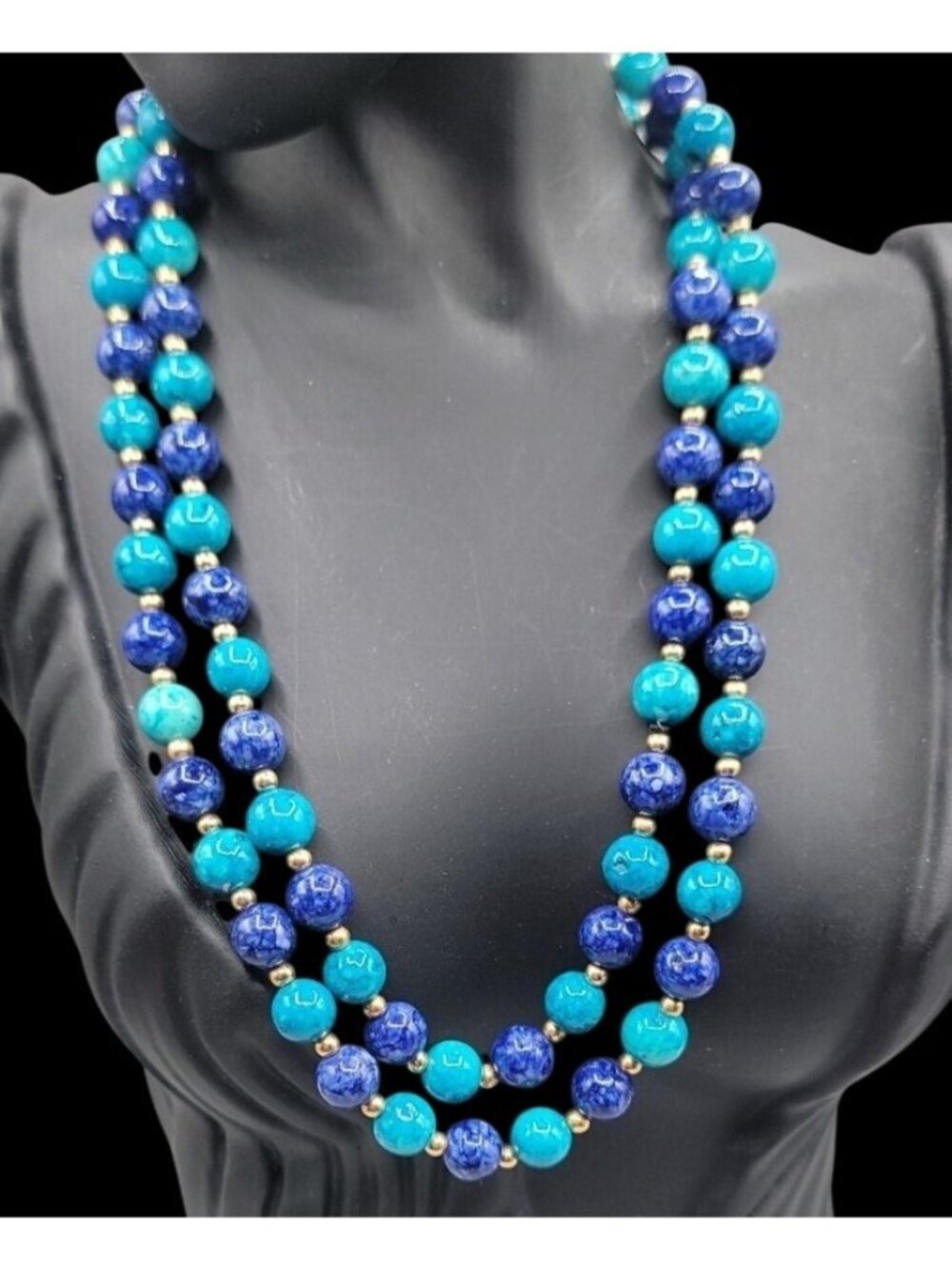 Lapis Lazuli Turquoise Bead Necklace 32" Multi-Blue Hue Smooth Round Gemstones